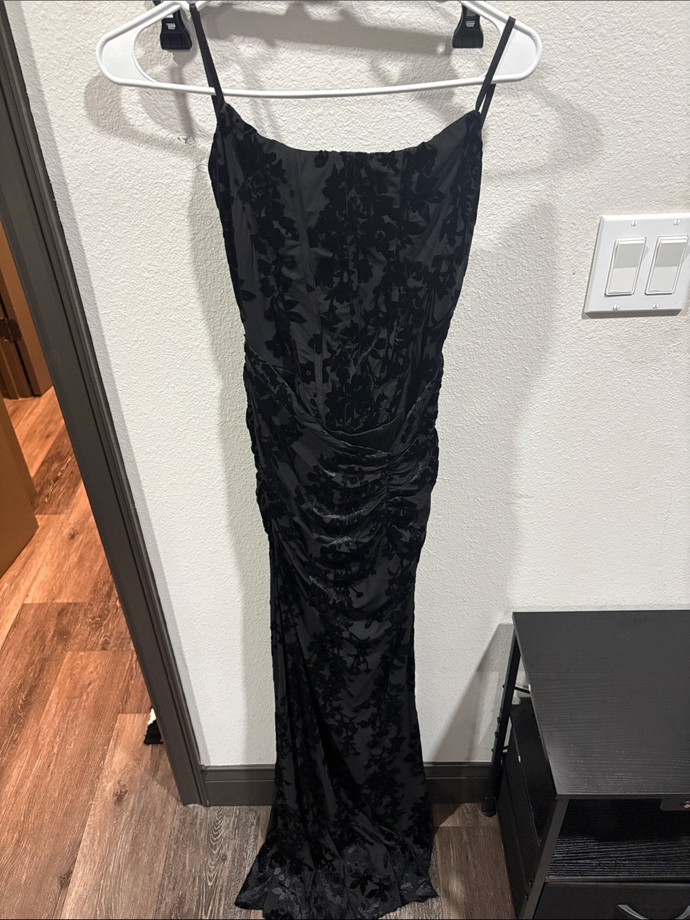 Windsor Black Velvet Floral Ruched Spaghetti-Strap Maxi Dress